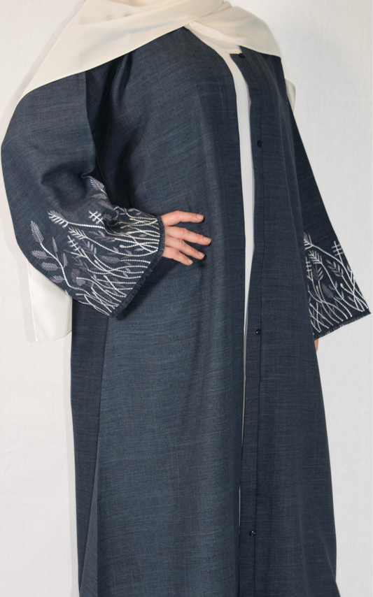 Open Linen Melange Abaya in Dark Denim