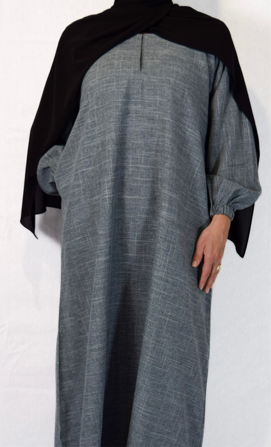 Closed Linen Melange Abaya in Light Grey